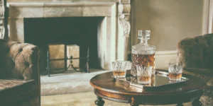 Whiskey gift set with decanter and glasses.