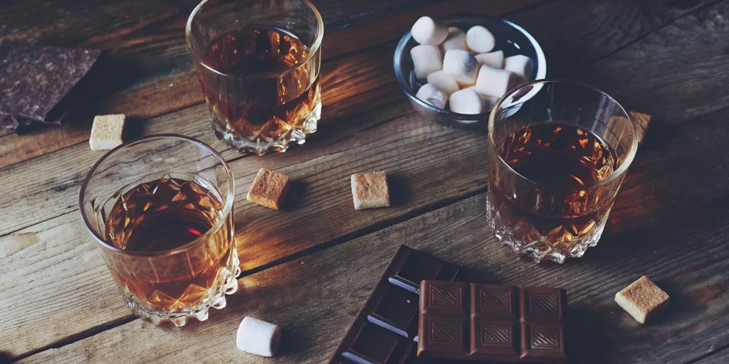 A tasting of different sweet whiskey brands with chocolate and marshmallow pairings.