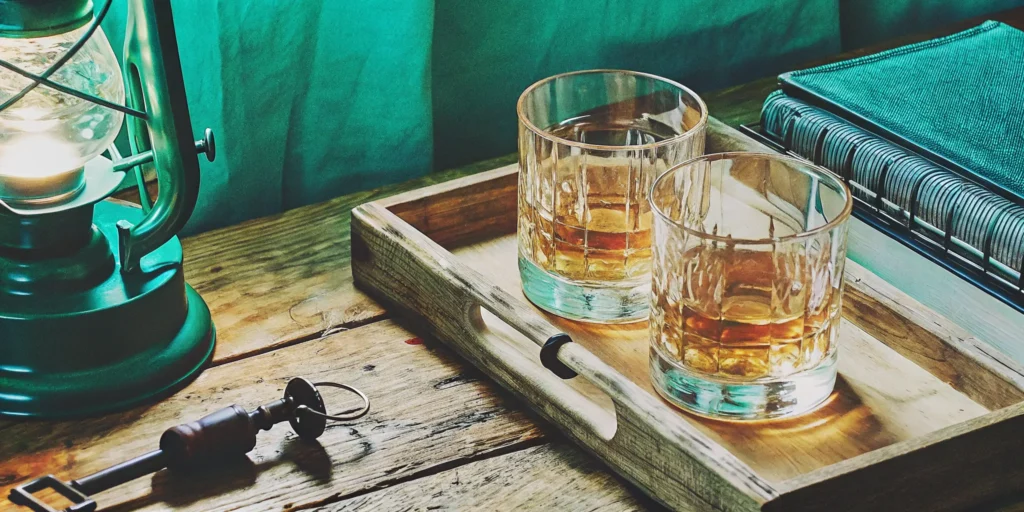 Two glasses of whiskey on a wooden tray, a unique gift for whiskey lovers.