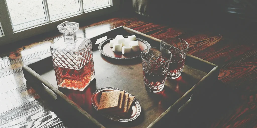 A unique whiskey gift set featuring a crystal decanter and a s'mores pairing.