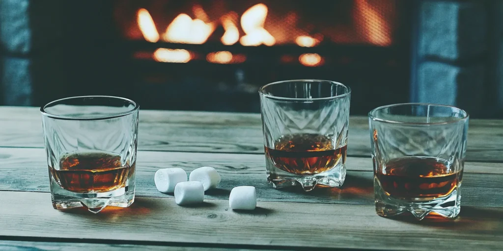Three glasses of affordable smooth whiskey on a wooden table by a cozy fire.