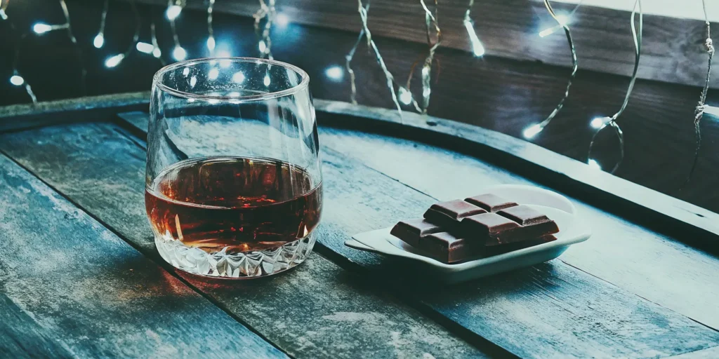 A glass of chocolate whiskey served with dark chocolate pieces on a rustic table.