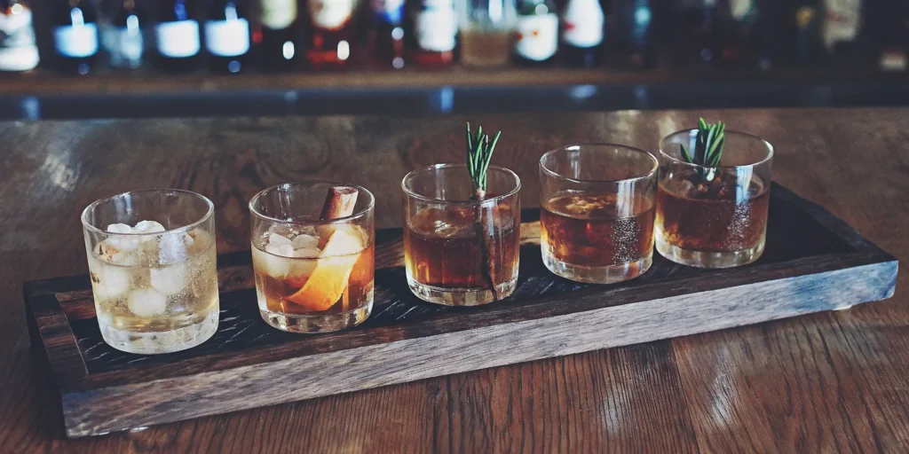 The five ways to drink whiskey presented in different glasses on a wooden tray.