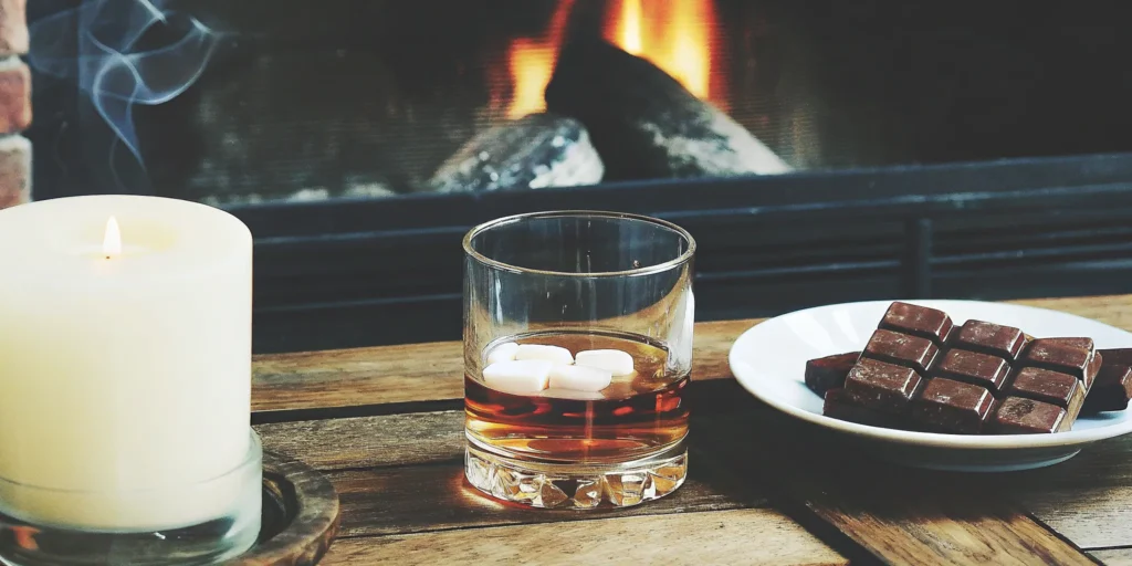 Whiskey glass and chocolate for beginners.