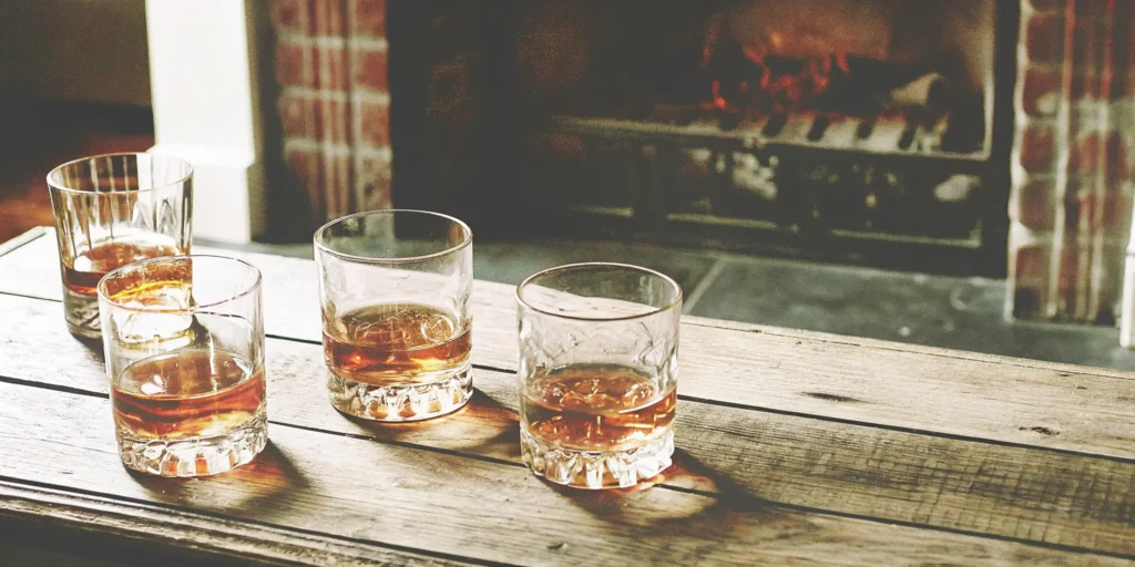 Four glasses of the best flavored whiskey to drink straight on a rustic wooden table.