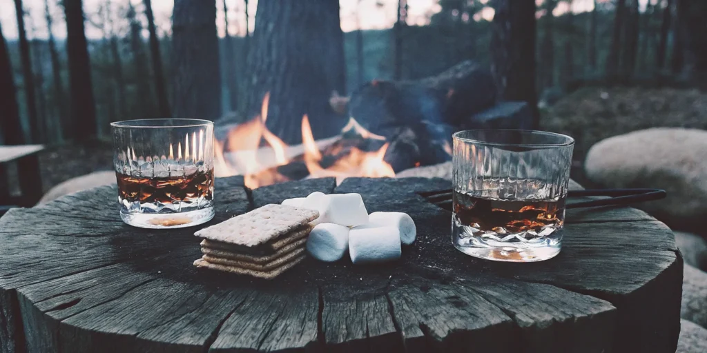 Two easy camping cocktails with toasted marshmallows by a campfire.