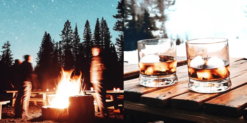 Two whiskey camping cocktails on a wooden table in front of a campfire under the stars.