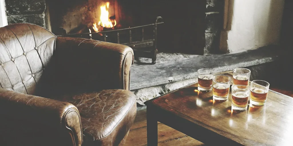 Five of the best whiskeys for beginners to drink straight, set on a wooden table.