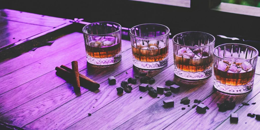Four rich whiskey drinks with chocolate bitters on a wooden table.