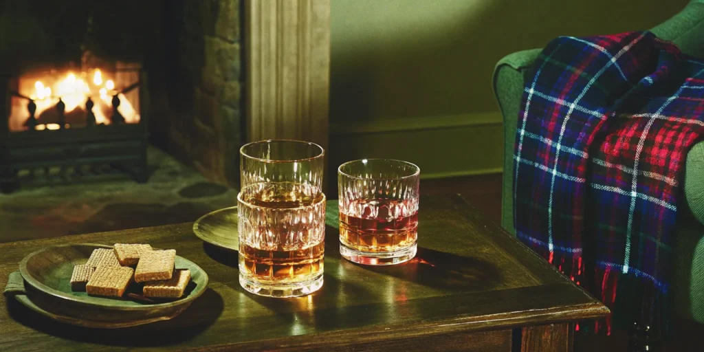 Two glasses of the best whiskey for beginners to drink straight by a fireplace.