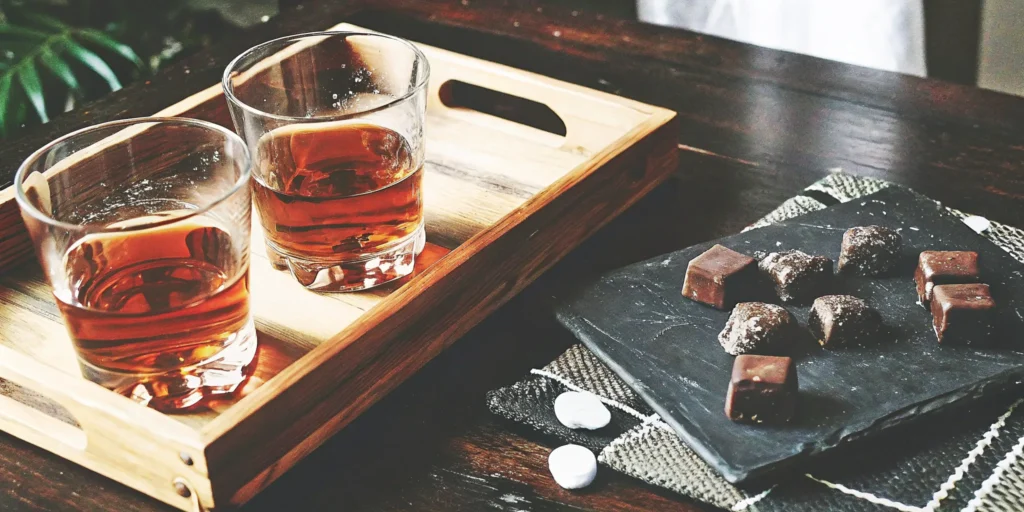 Whiskey with chocolate notes served in two glasses alongside pieces of chocolate.