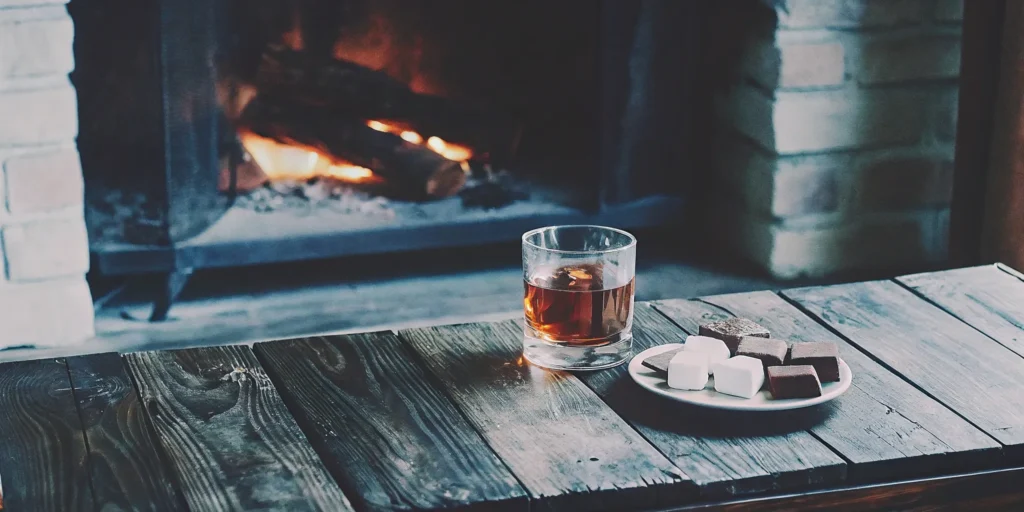 A glass of a good sweet whiskey on ice with chocolate and marshmallow pairings.