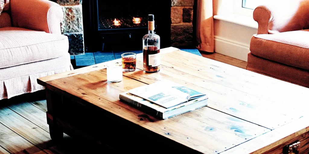 A bottle and glass of whiskey on a table for a beginner's guide.