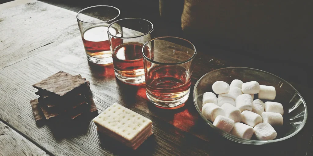 S'mores flavored whiskey with marshmallows and graham crackers, ready for one of the best mixers.