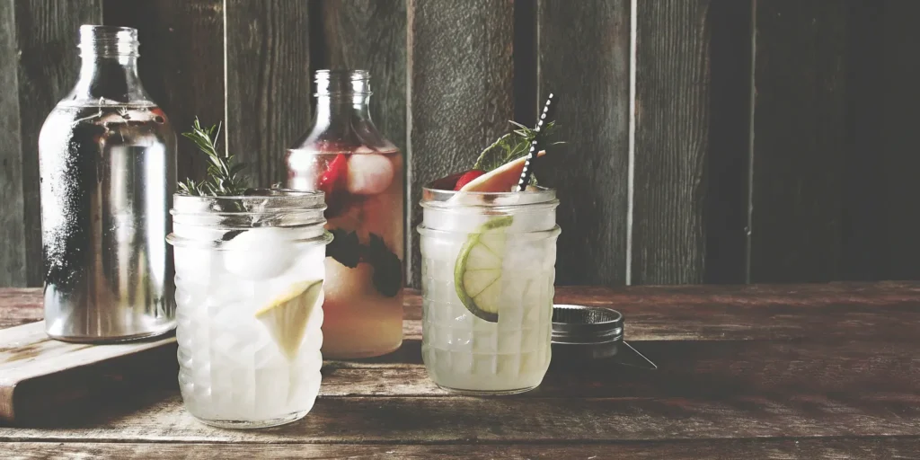 Easy make-ahead camping cocktails in mason jars with fresh fruit and herbs on a rustic table.