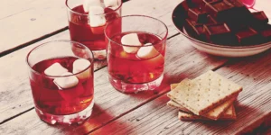 S'mores cocktails garnished with marshmallows, chocolate, and graham crackers.