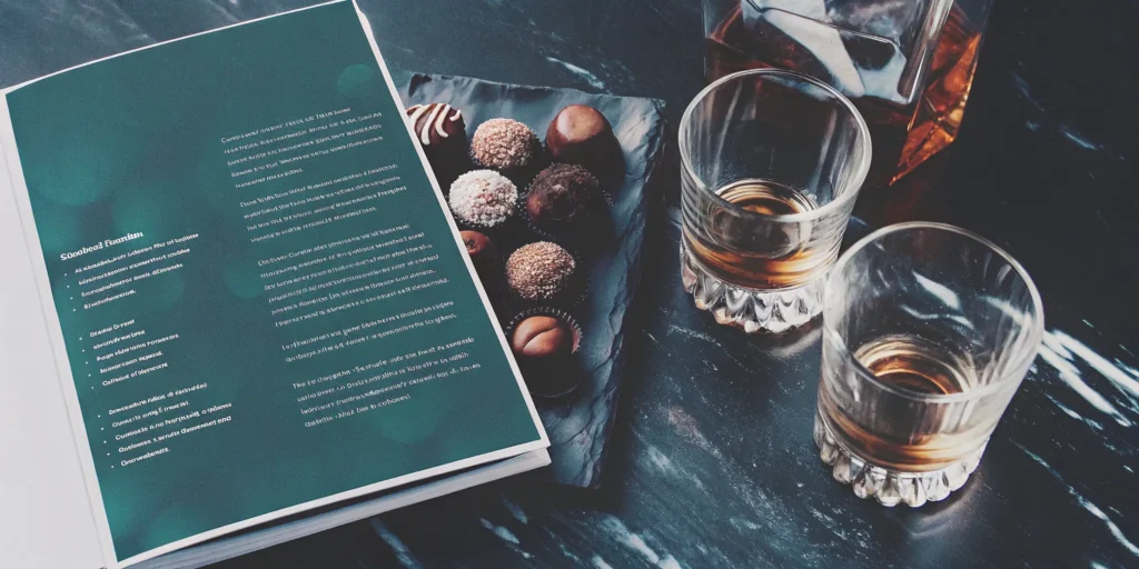Chocolate-flavored whiskey, assorted chocolates, and a book of cocktail recipes.