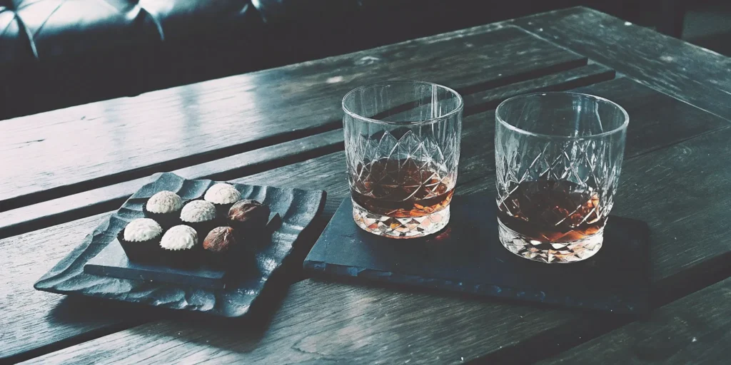 Two glasses of chocolate whiskey served with a plate of assorted chocolates.