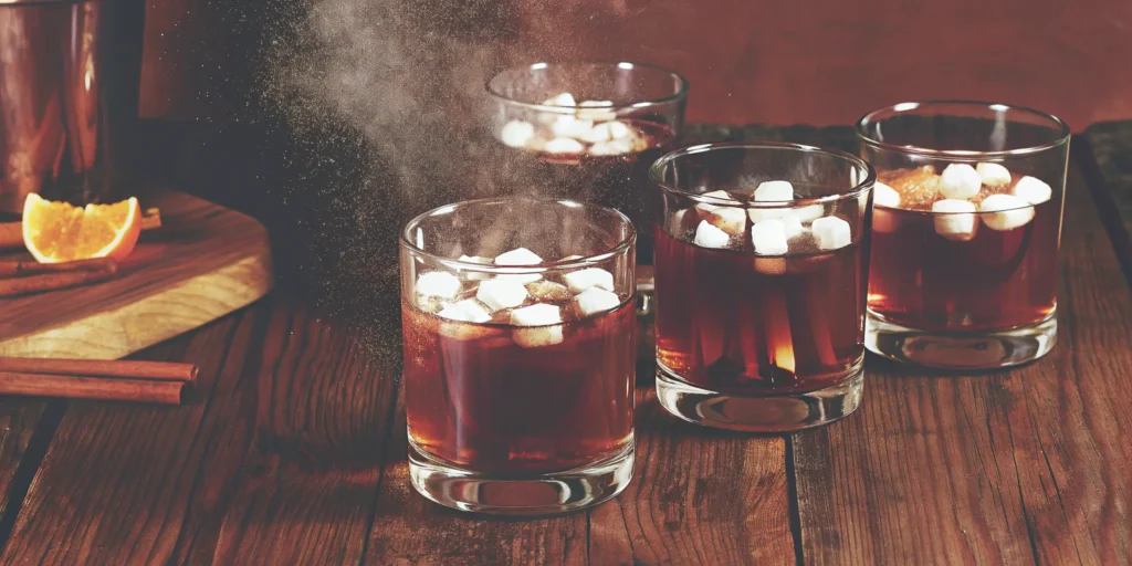 A rich chocolate whiskey cocktail recipe garnished with marshmallows.