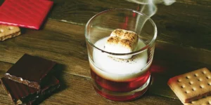 A cocktail made with s'mores whiskey, which you can buy online.