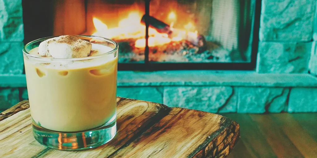 A s'mores campfire cocktail with marshmallows in a glass by a cozy fireplace.