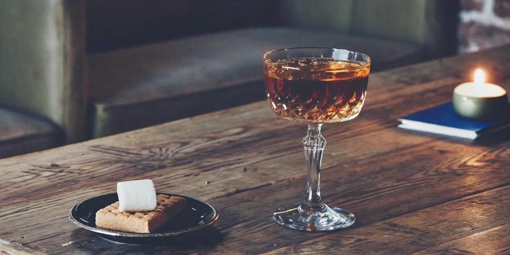 A glass of Mash & Mallow s'mores whiskey with a marshmallow and graham cracker garnish.