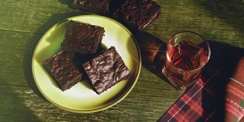 A stack of fudgy old fashioned whiskey brownies next to a glass of whiskey.