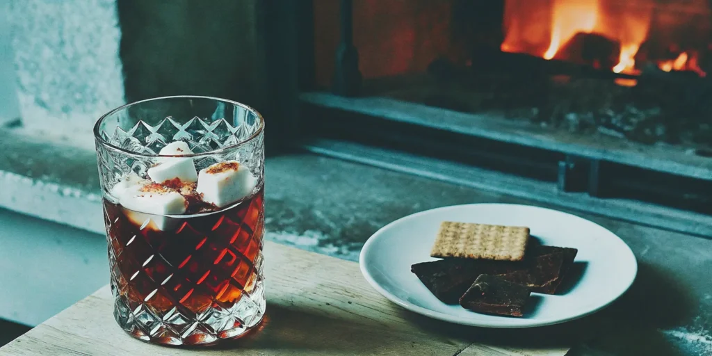 A S'mores old fashioned recipe with a graham cracker rim and a toasted marshmallow.