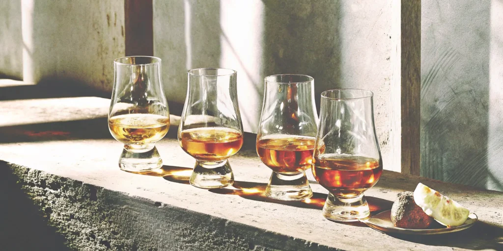 Four glasses of sweet whiskey for new drinkers with a chocolate and citrus garnish.