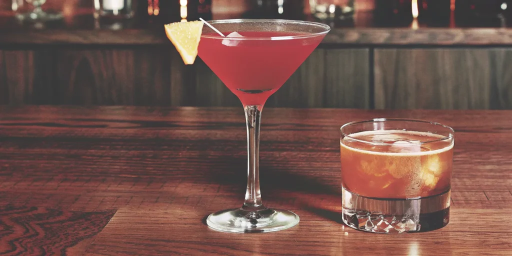 Two simple sweet whiskey cocktails, one in a martini glass and one in a rocks glass.