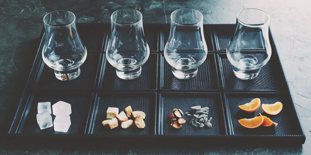 Four glasses of easy to drink sweet whiskey with ice and orange for a tasting.