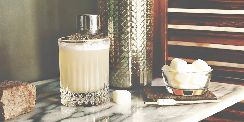 Marshmallow flavored liquor cocktail with ice, a bowl of marshmallows, and a cocktail shaker.