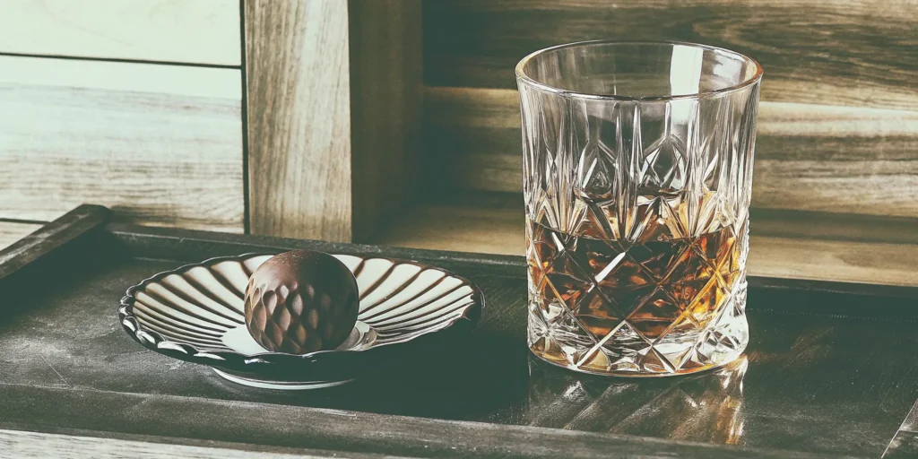 A smooth dessert sipper whiskey in a glass, paired with a chocolate truffle.