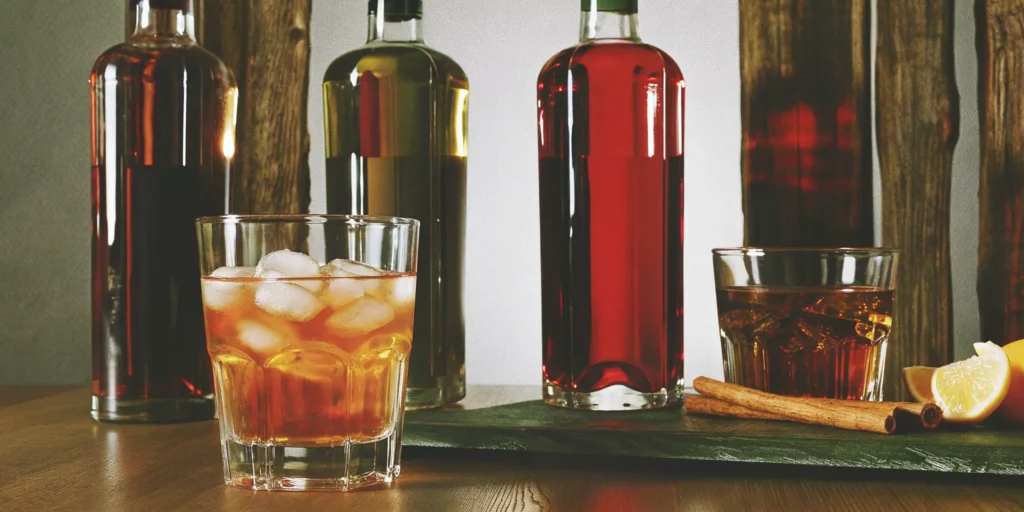 Glasses of flavored whiskey with cinnamon and fruit garnishes, delivered from an online store.