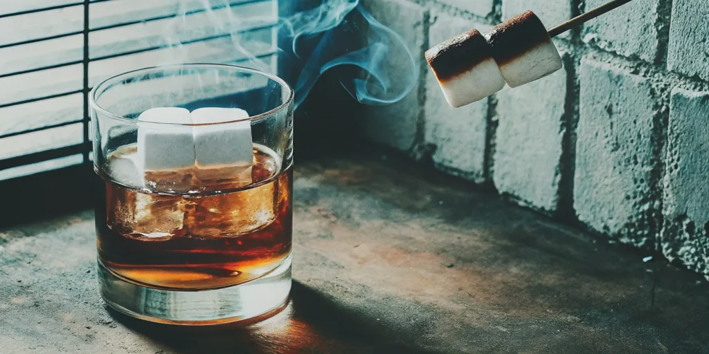 A glass of marshmallow flavored whiskey on ice, garnished with a skewer of toasted marshmallows.