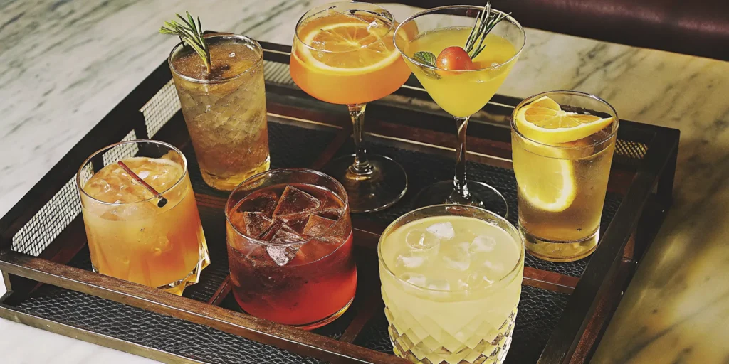 A variety of honey whiskey drink recipes served as cocktails with citrus and herb garnishes.