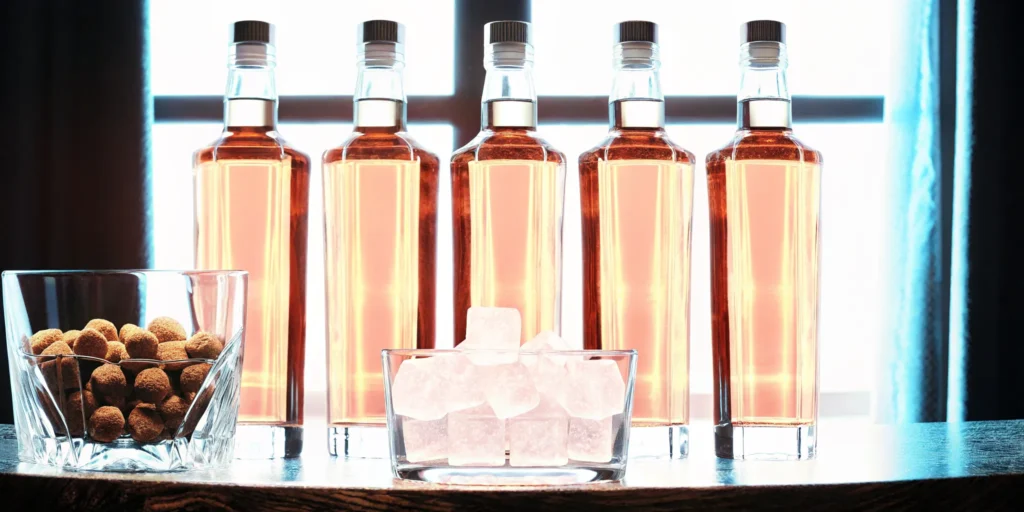 Five bottles of whiskey with s'mores flavor served with chocolate and ice.