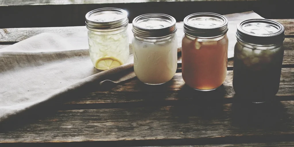 Camp cocktails in a jar on a rustic wood table, ready for an outdoor adventure.