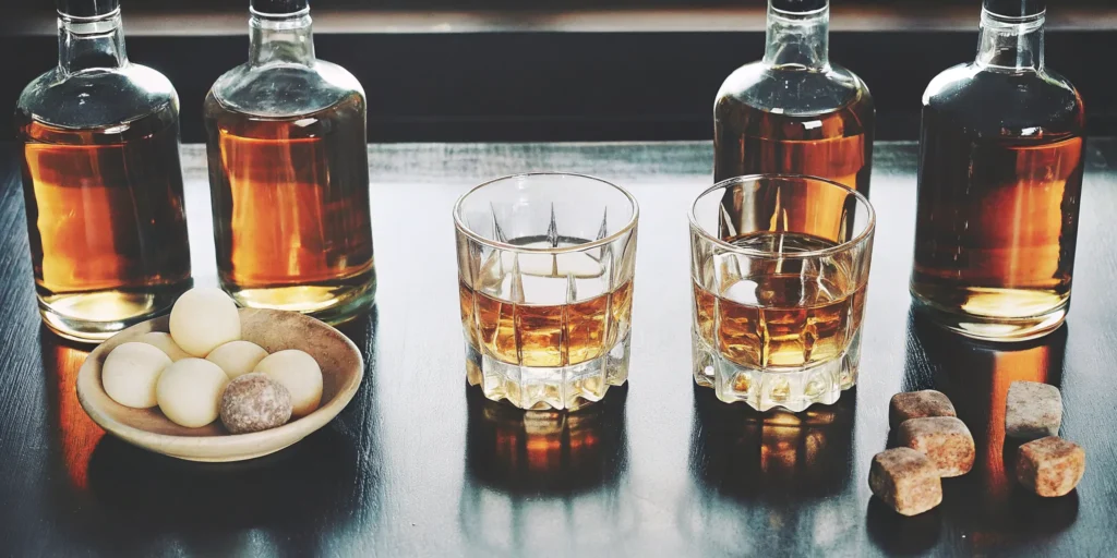 A collection of sweet bourbons for beginners, poured into glasses and ready for tasting.