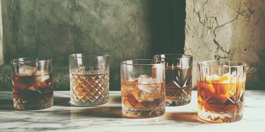 Several cinnamon whiskey drink recipes served in glasses with ice.