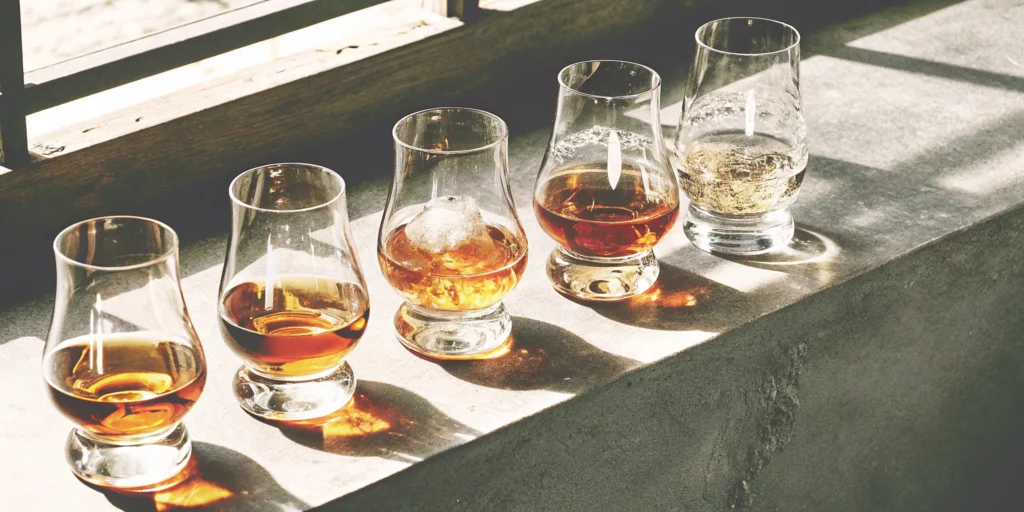 Five glasses of sweet whiskey for beginners with varying amber colors.