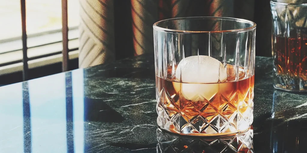 A perfectly clear ice sphere chilling a glass of whiskey.