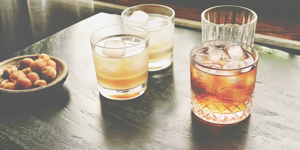 A whiskey and glass set with several drinks poured in tumblers over ice.