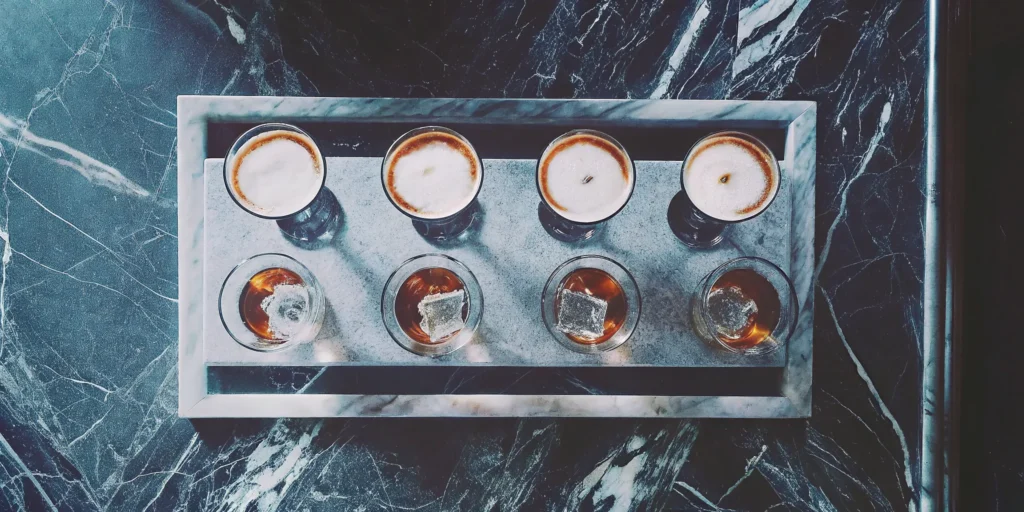 Salted caramel whiskey cocktails with creamy foam and ice.