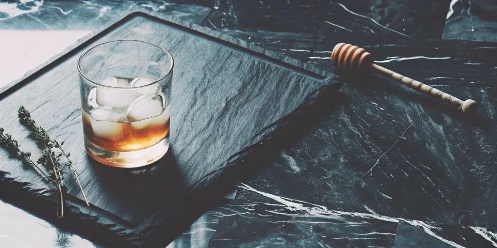 A honey bourbon cocktail recipe with a honey dipper and fresh garnish.