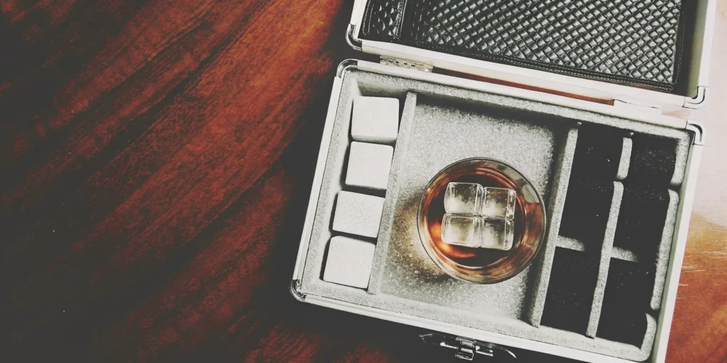Whiskey stones gift set with a glass in a presentation box.
