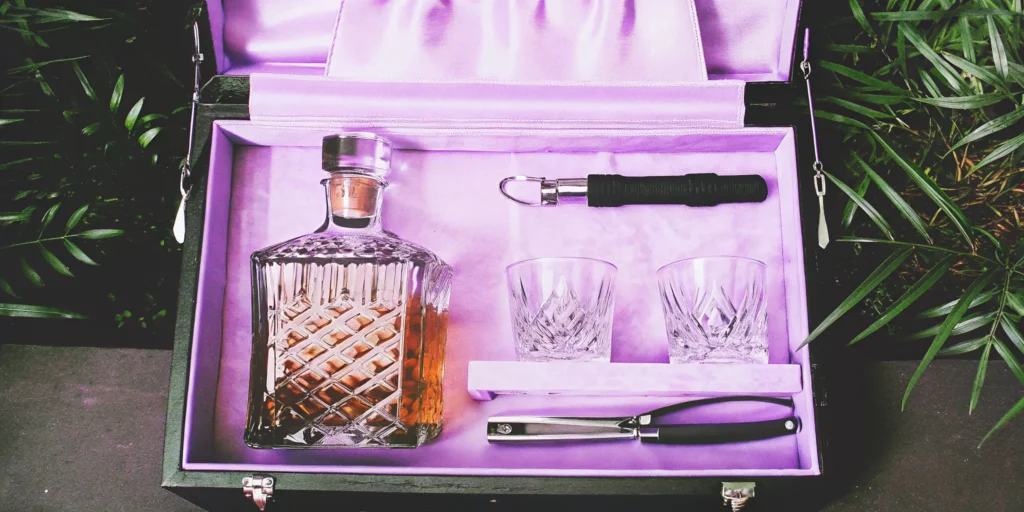 A unique whiskey gift set for a husband, with a decanter and matching glasses.