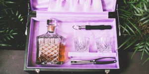 A unique whiskey gift set for a husband, with a decanter and matching glasses.