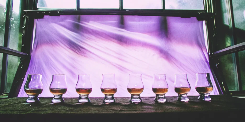 A tasting flight of bourbons with caramel notes.
