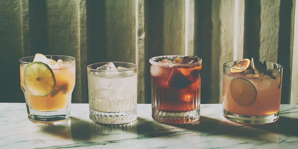 A batch of bourbon cocktails made from easy recipes, served with ice and citrus.